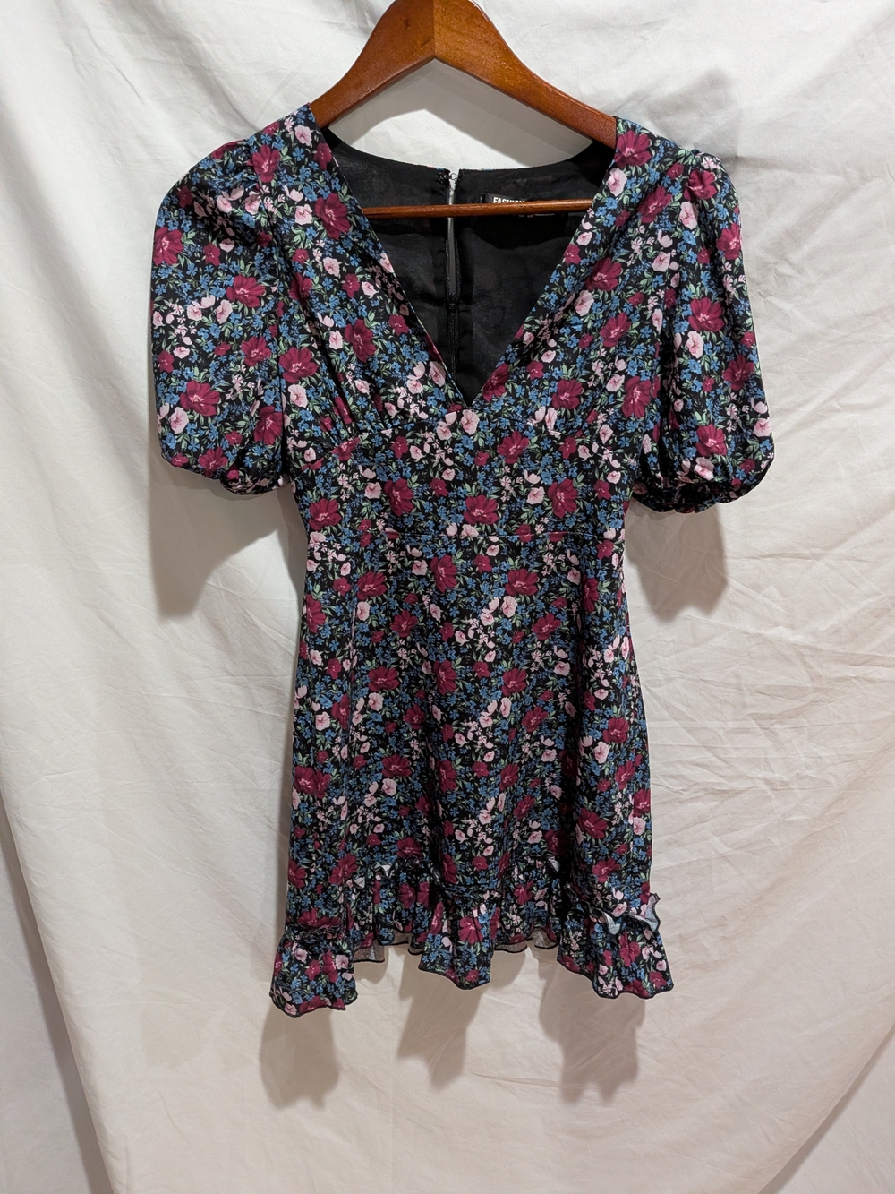 Fashion Union Black Mini Dress with Pink & Blue Floral